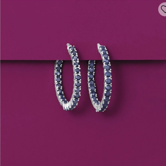 Ross-Simons sterling silver blue sapphire inside outside hoop earrings - Picture 2 of 15
